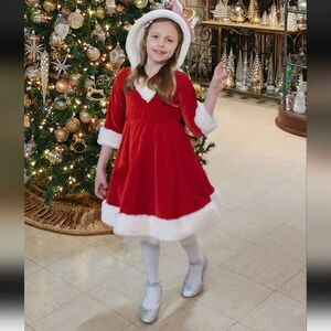 Trish Scully Red Velvet Holiday Dress with White Trim And Hood